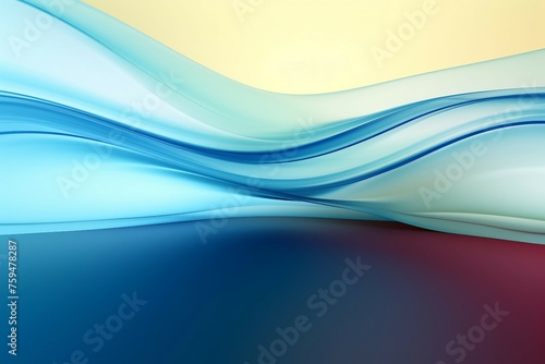 抽象テンプレート。黄色背景と透明感のある水色の波と赤い光が差す紺色の床がある空間
