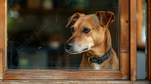 A close-up of a brown dog with a watchful gaze, peering through a rustic wooden window, embodying curiosity and attentiveness.