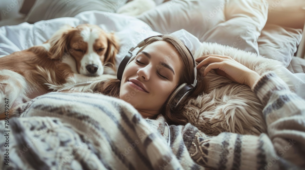 Obraz premium Carefree woman listening to music through headphones lying on bed at home with her dog