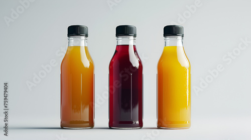 Three bottles of natural vegetable or fruit juices with black caps without labels. generative ai 