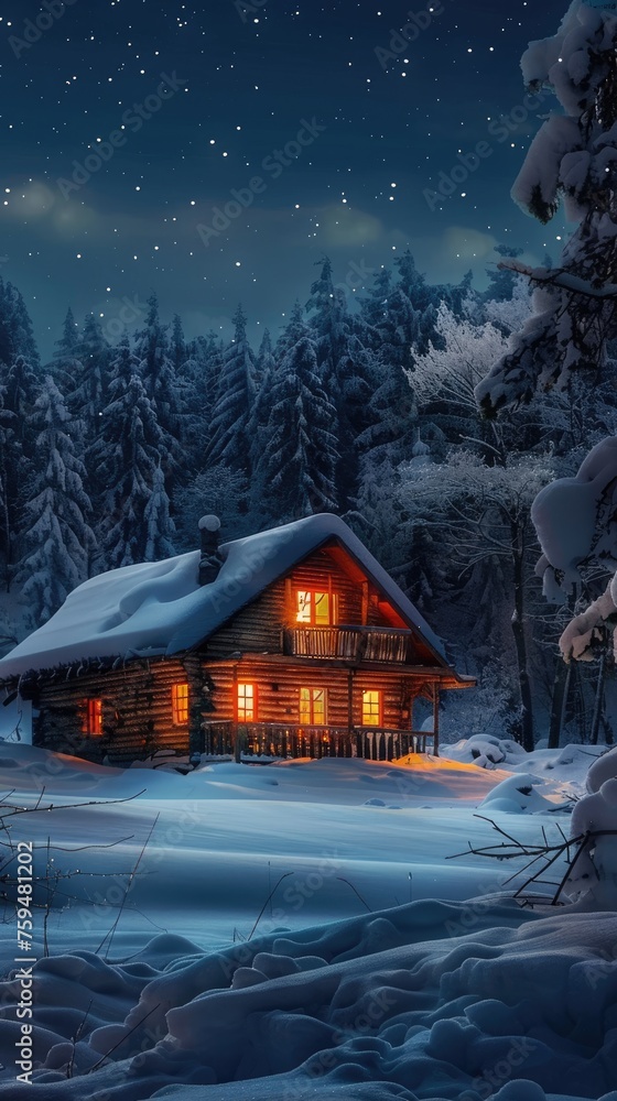 A rustic cabin in a snowy landscape at night with warm light spilling from the windows