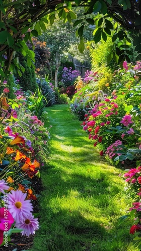 A vibrant garden in full bloom with a hidden nook for writing