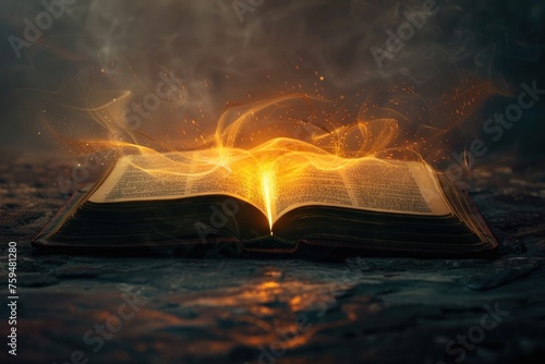 An open book with words glowing inviting the reader into a world of knowledge and discovery photo