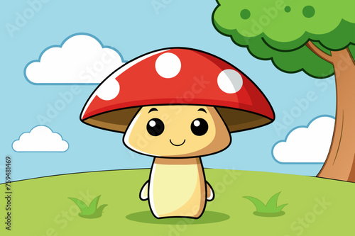 Mushroom background with a beautiful tree in the center.