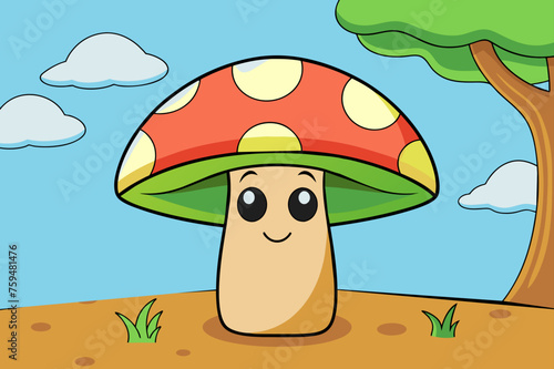 Mushroom background with a beautiful tree in the center.