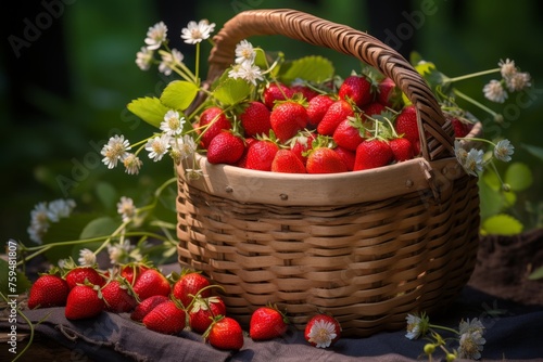 Organic ripe strawberries in wicker basket on lush green lawn, some berries spilling onto the grass
