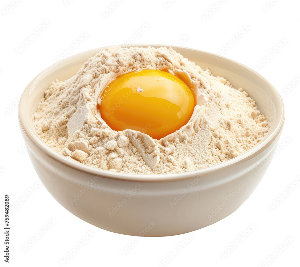 Wheat flour with egg yolk in the bowl isolated on transparent background Wheat flour with egg yolk in the bowl isolated on transparent background