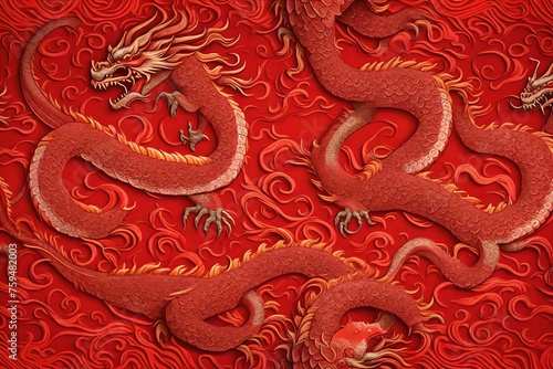 Red chinese dragon pattern on red background