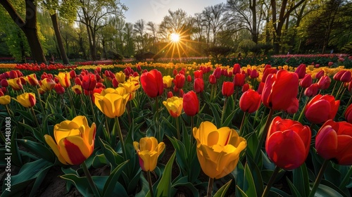 Immerse in panoramic beauty of full bloom tulip garden  capturing diverse colors and lush landscape