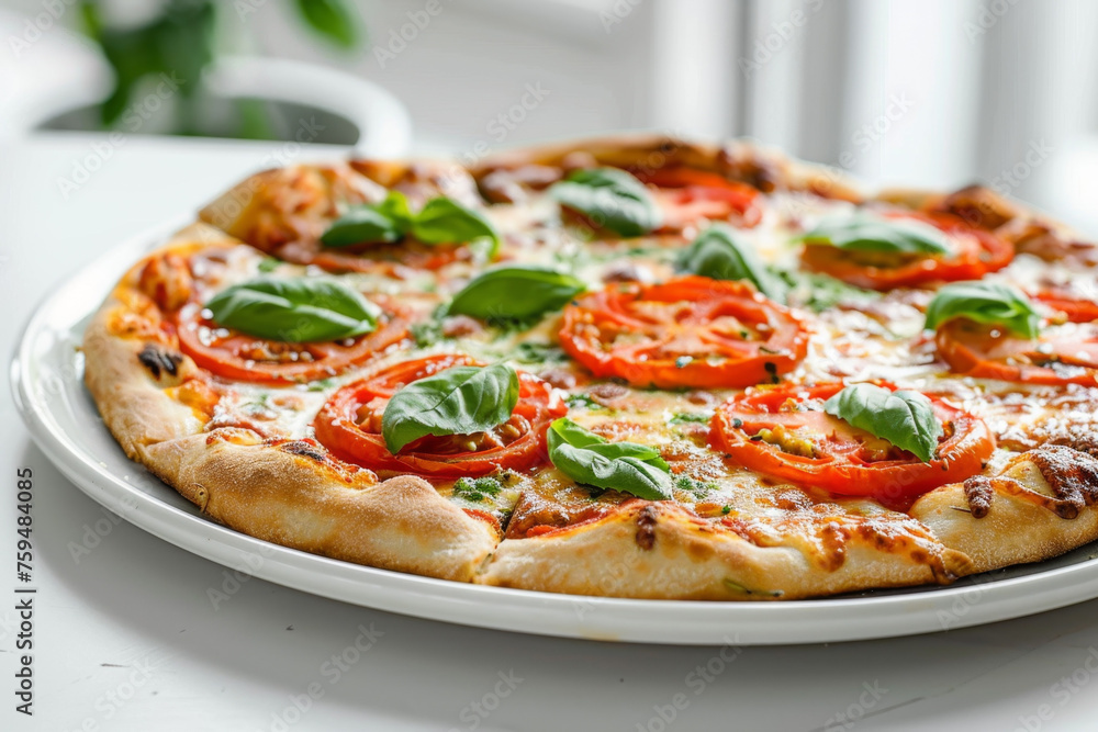 Delicious Pesto Tomato Pizza on White Table with Nikon D7000 Gen AI