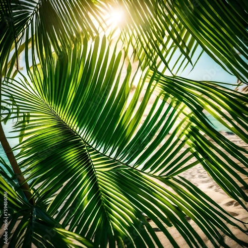  green palm tree leaves, casting dappled shadows on a sandy beach, embodying the essence of a tropical summer © Amelia Alex