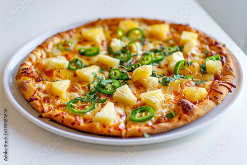Delicious Pineapple and Jalape?o Pizza on White Plate Gen AI