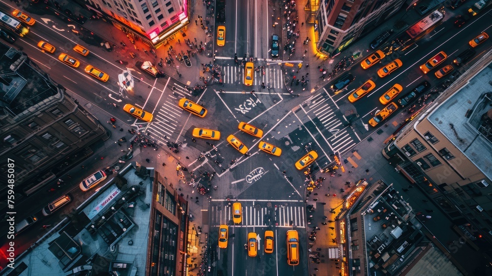 Overhead shot of a bustling city crosswalk with yellow taxis and pedestrians, capturing the vibrant urban life during rush hour. Resplendent.