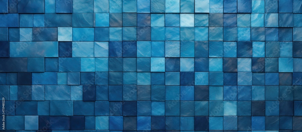 A closeup of the aqua blue glass tile wall showcasing a beautiful pattern of rectangular tiles in various tints and shades of electric blue, creating symmetry and an artistic flooring touch A closeup of the aqua blue glass tile wall showcasing a beautiful pattern of rectangular tiles in various tints and shades of electric blue, creating symmetry and an artistic flooring touch