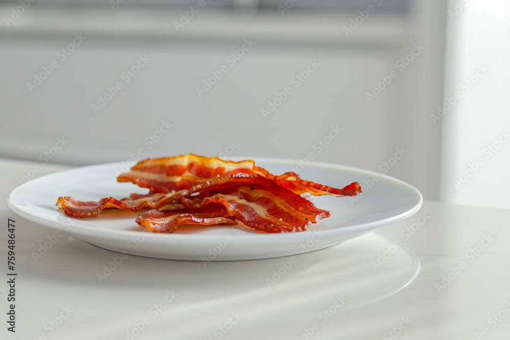 Crispy Bacon Strips on White Plate with Minimalist Background Gen AI Crispy Bacon Strips on White Plate with Minimalist Background Gen AI