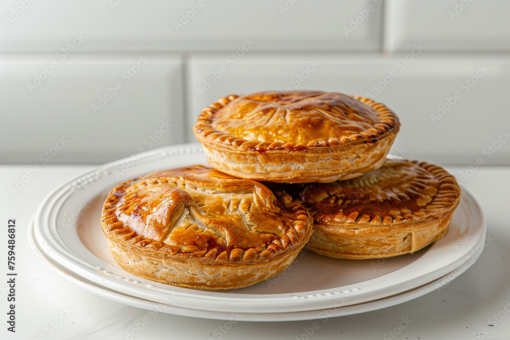 Frozen Meat Pies on White Plate, Minimalist Setting Gen AI Frozen Meat Pies on White Plate, Minimalist Setting Gen AI