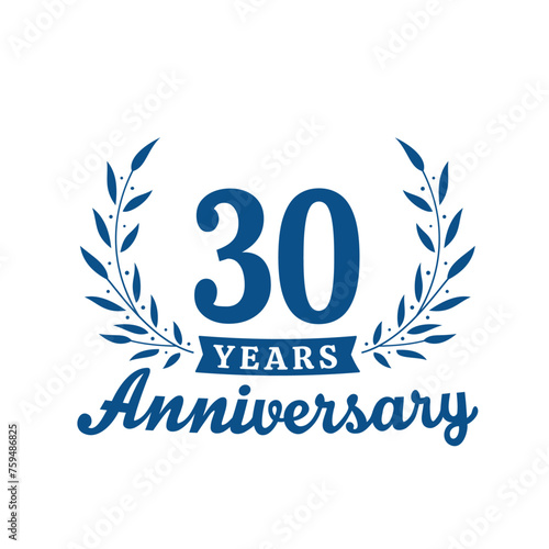 Celebrating 30 years anniversary logo design template. 30th anniversary celebrations logotype. Vector and illustrations.