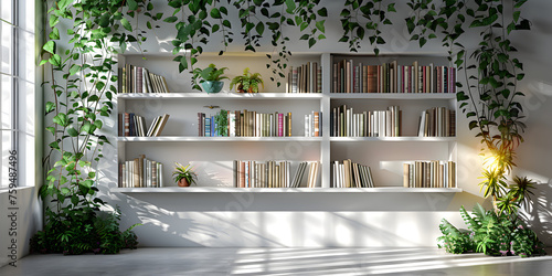 Library Featuring Stylish Bookshelves And Lush Greenery , Modern Bookshelf With Plants .