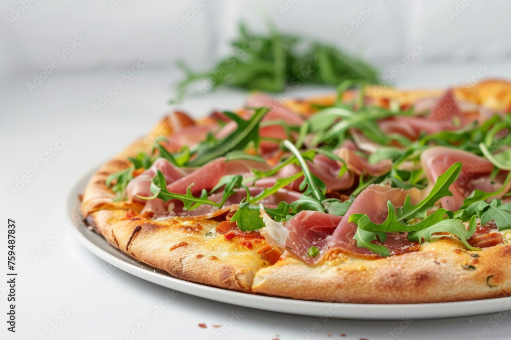 Delicious Prosciutto and Arugula Pizza on Minimalist White Setting Gen AI