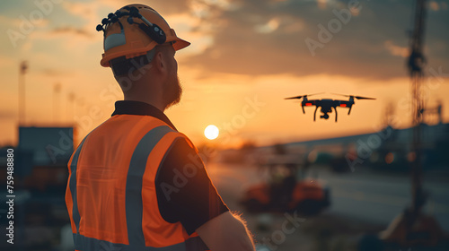Opérateur de drone : un ingénieur pilotant habilement un drone dans un gilet de sécurité