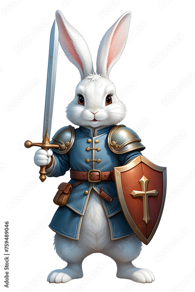 rabbit in knight armor holding a sward and shield isolated on ...