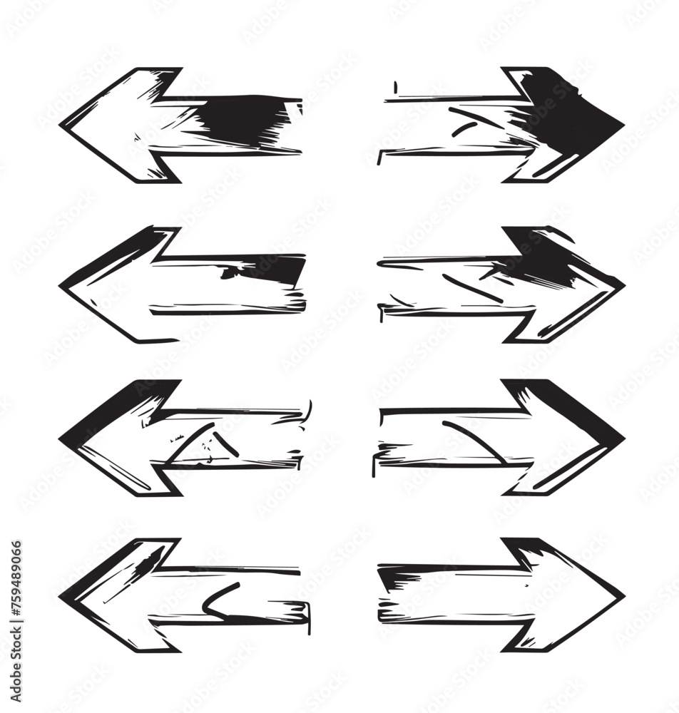 Vector creative drawn artistic arrows big set of 8 pieces silhouette black color on white background Vector creative drawn artistic arrows big set of 8 pieces silhouette black color on white background
