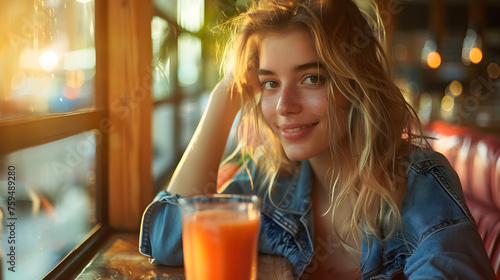 Joyeuse gorgée de santé : une jeune femme souriante en dégustant un jus de carotte frais