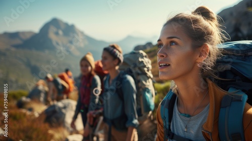 A group of travelers hiking up a beautiful mountain, surrounded by natural landscapes filled with plants, grasslands, and hills, under a vast sky. AIG41