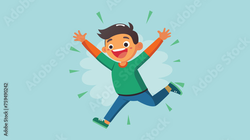 Joyful Cartoon Boy Celebrating on a Light Blue Background