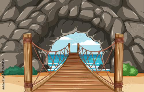 Wooden bridge leading out of a rocky cave