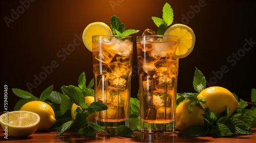 Long Island ice tea cocktail drink with vodka, rum, tequila, gin, liquor, lemon juice, cola and ice with lemon slice and mint in highball glass, hard light
