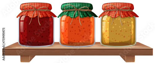 Colorful jars of jam neatly arranged on a shelf