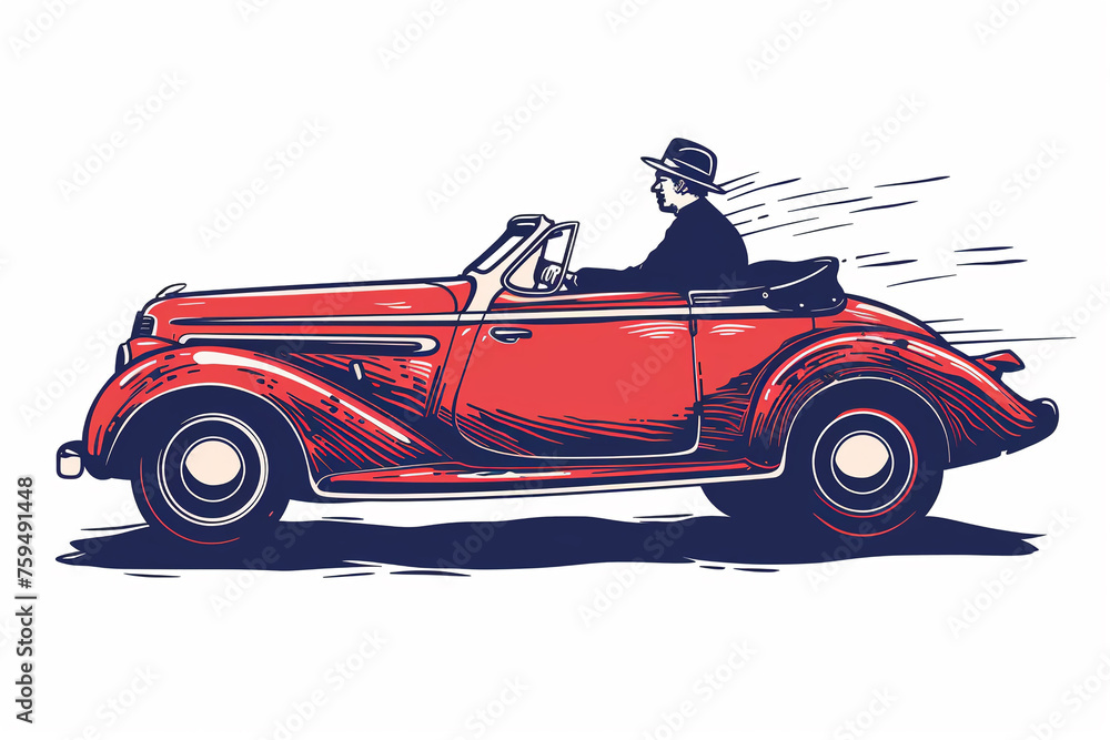 Obraz premium A man driving a red car Vintage designs for T shirt print on demand on white background.