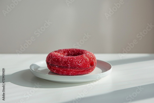 Delicious Red Velvet Donut on White Plate Gen AI photo