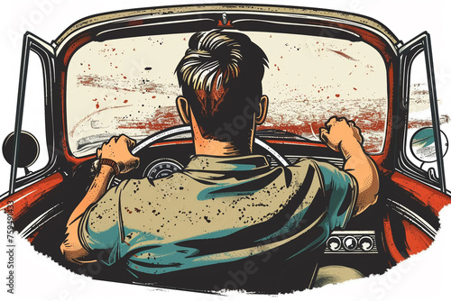 A man driving a car Vintage designs for T shirt print on demand on white background.