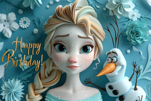 adorable paper cut and paper quilling illustration of elsa anns olaf frozon movie characters for kids vector, with text 