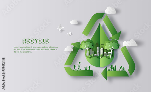 Recycle Symbol, many people doing activities, enjoy their life in a good atmosphere, save the planet and energy concept, paper illustration, and 3d paper.

