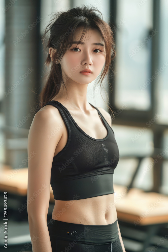 full body of a beautiful Korean girl with Perfect slim toned young body of the girl . An example of sports , fitness or plastic surgery and aesthetic cosmetology