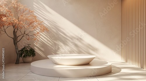 Warm sunlight bathes an elegant tree and a nested display podium in a serene corner.