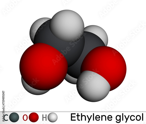 Ethylene glycol, diol molecule. Used for manufacture of polyester fibers and for antifreeze formulations. Molecular model. 3D rendering photo