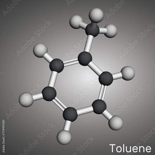 Toluene, toluol C7H8  molecule. Methylbenzene, aromatic hydrocarbon. Molecular model. 3D rendering photo
