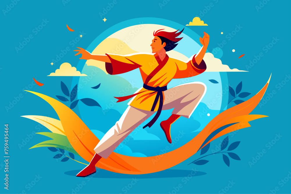 An energetic pencak silat martial arts move shown in a picturesque green meadow setting.