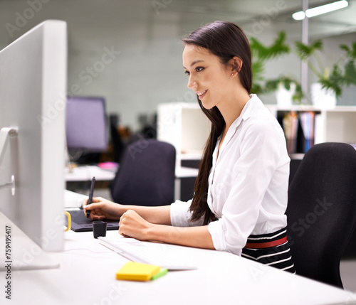 Woman, office and computer as graphic designer with smile for work with stylus pen, drawing tablet and online ideas. Female person, pc and internet or website to search for creative artwork photo