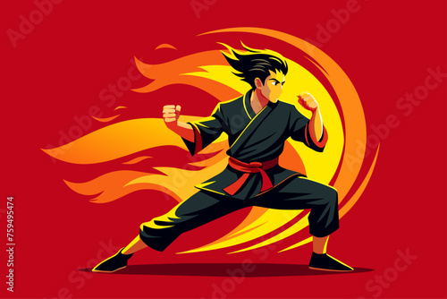 An energetic pencak silat martial arts move shown in a picturesque green meadow setting.