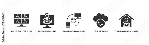Remote working banner web icon vector illustration concept for working at home with icon of video conference, telecommuting, connecting online, voip, and working from home