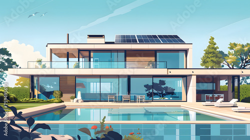 Demeure respectueuse de l'environnement : une conception de maison moderne et durable avec des panneaux solaires et une pompe à chaleur, illustrée dans des couleurs vives photo
