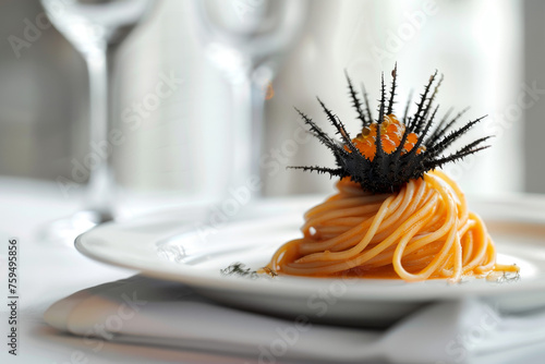 Delicious Sea Urchin Uni Pasta on Minimalist Setting Gen AI