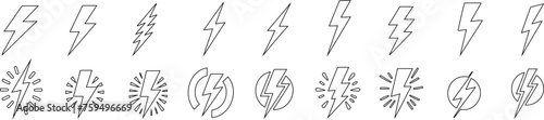 Lightning bolt icon set, diverse designs, vector illustration. Perfect for web, app design, weather symbols, power signs