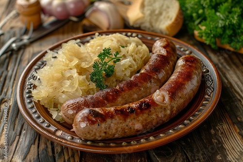 Juicy Grilled Bratwurst with Sauerkraut on Traditional Plate