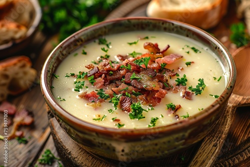 Savory Kartoffelsuppe with Crispy Bacon Bits and Fresh Herbs